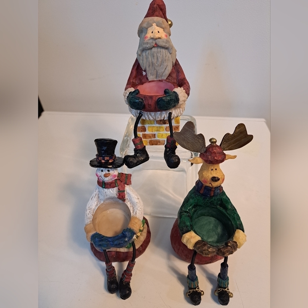 Vintage Resin Sitting Santa, Snowman, and Moose Candle Holder Moveable Legs